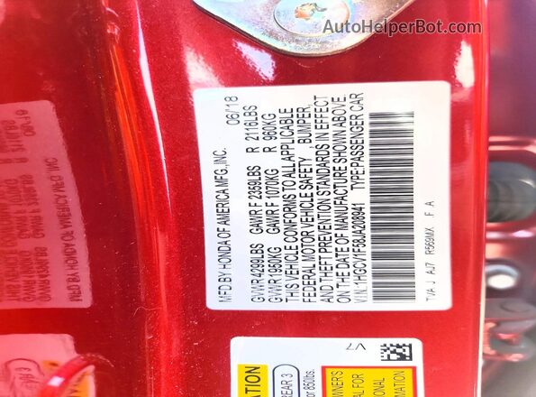 1HGCV1F58JA208941 2018 HONDA ACCORD Red VIN sticker view