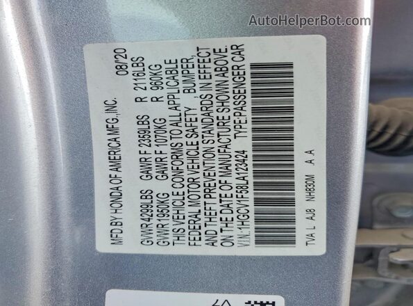 1HGCV1F58LA123424 2020 HONDA ACCORD Silver Вид підкапотного простору