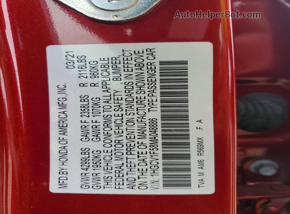 1HGCV1F58MA048886 2021 HONDA ACCORD Red Vista de la etiqueta del VIN