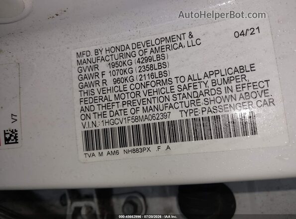 1HGCV1F58MA062397 2021 HONDA ACCORD White ძრავის განყოფილების ხედი