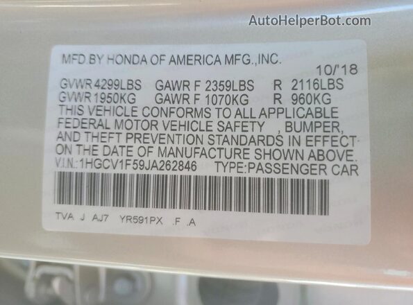 1HGCV1F59JA262846 2018 HONDA ACCORD Beige VIN sticker view