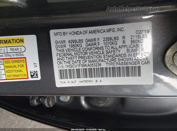1HGCV1F59KA053236 2019 HONDA ACCORD Silver Вид підкапотного простору