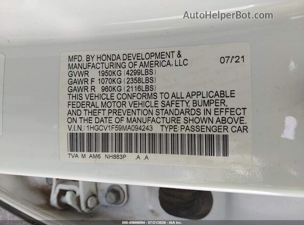 1HGCV1F59MA094243 2021 HONDA ACCORD Белый Вид подкапотного пространства