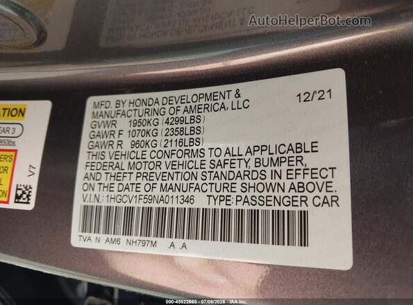 1HGCV1F59NA011346 2022 HONDA ACCORD Gray Widok komory silnika