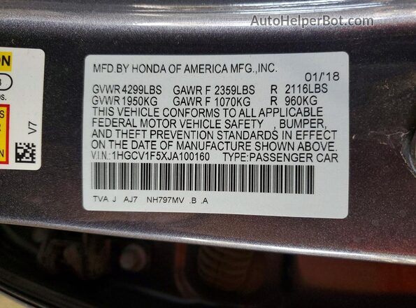 1HGCV1F5XJA100160 2018 HONDA ACCORD Серый Вид подкапотного пространства