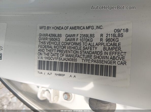 1HGCV1F5XJA240855 2018 HONDA ACCORD White Вид підкапотного простору