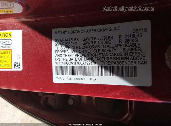 1HGCV1F90JA192379 2018 HONDA ACCORD Red Շարժիչի բաժամունքի տեսք