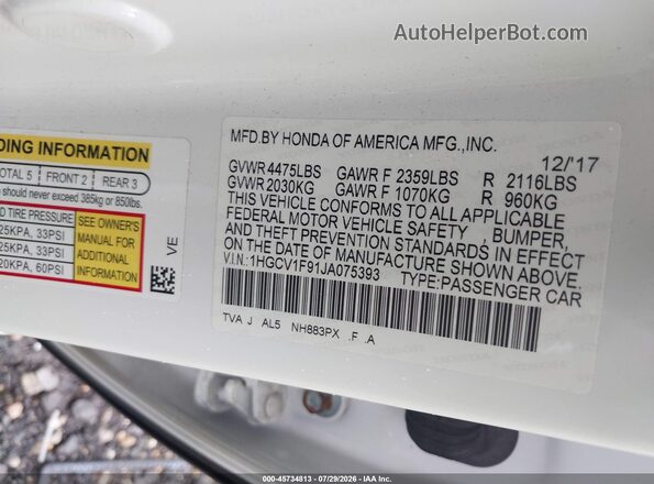 1HGCV1F91JA075393 2018 HONDA ACCORD White Widok komory silnika