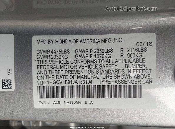 1HGCV1F91JA133194 2018 HONDA ACCORD Silver Вид підкапотного простору