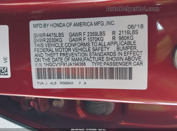1HGCV1F91JA194366 2018 HONDA ACCORD Red Вид підкапотного простору