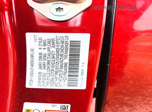 1HGCV1F95JA035642 2018 HONDA ACCORD Красный Вид подкапотного пространства