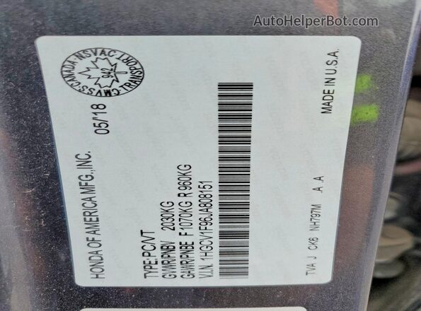 1HGCV1F96JA808151 2018 HONDA ACCORD Gray VIN კოდის სტიკერის ხედი