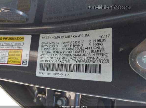 1HGCV1F97JA027784 2018 HONDA ACCORD Gray Widok komory silnika