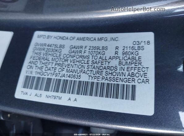 1HGCV1F97JA140635 2018 HONDA ACCORD Gray ძრავის განყოფილების ხედი