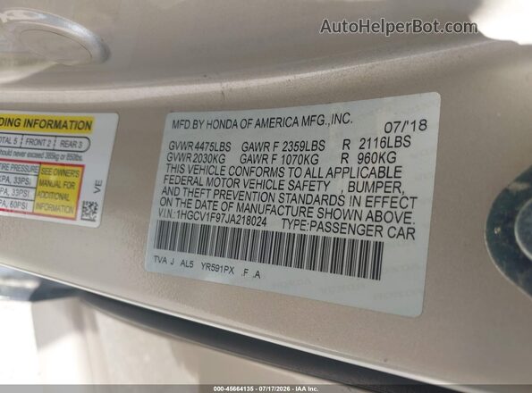 1HGCV1F97JA218024 2018 HONDA ACCORD Кремовый Вид подкапотного пространства