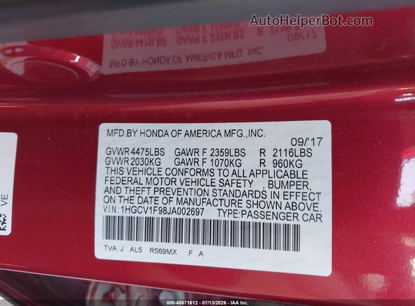 1HGCV1F98JA002697 2018 HONDA ACCORD Red Вид підкапотного простору