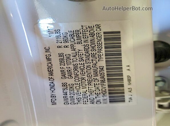 1HGCV1F98JA057943 2018 HONDA ACCORD White Widok komory silnika