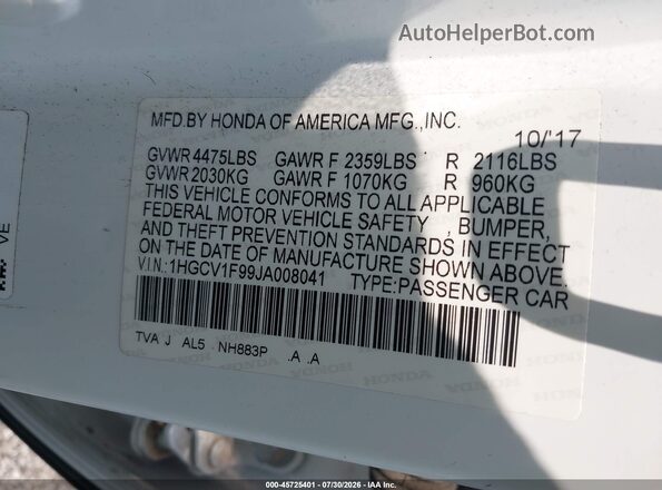 1HGCV1F99JA008041 2018 HONDA ACCORD White Widok komory silnika