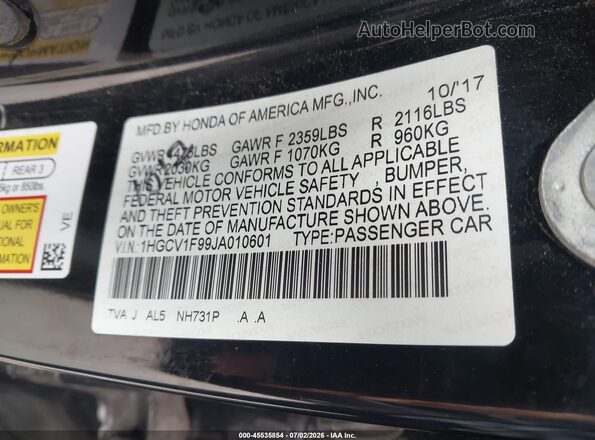 1HGCV1F99JA010601 2018 HONDA ACCORD Black Vista del compartimento del motor