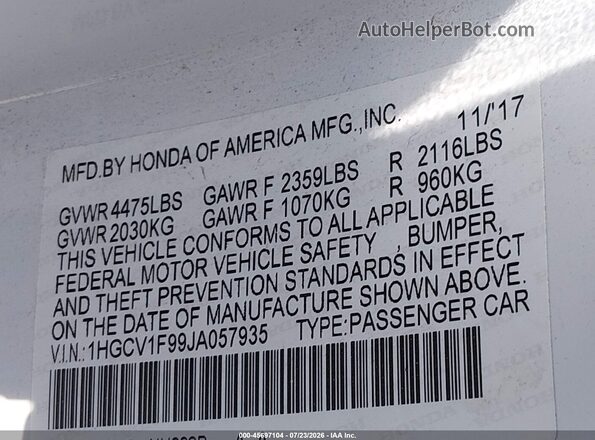 1HGCV1F99JA057935 2018 HONDA ACCORD White Widok komory silnika