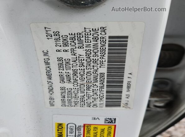 1HGCV1F99JA062908 2018 HONDA ACCORD White VIN կոդի պիտակի տեսք