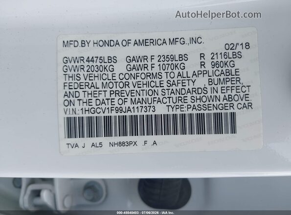 1HGCV1F99JA117373 2018 HONDA ACCORD White Vista del compartimento del motor