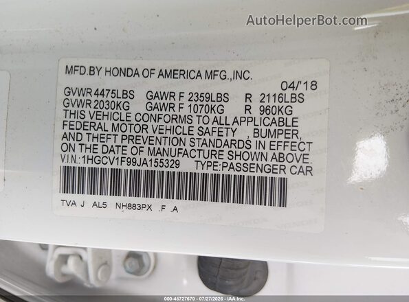 1HGCV1F99JA155329 2018 HONDA ACCORD White Vista del compartimento del motor
