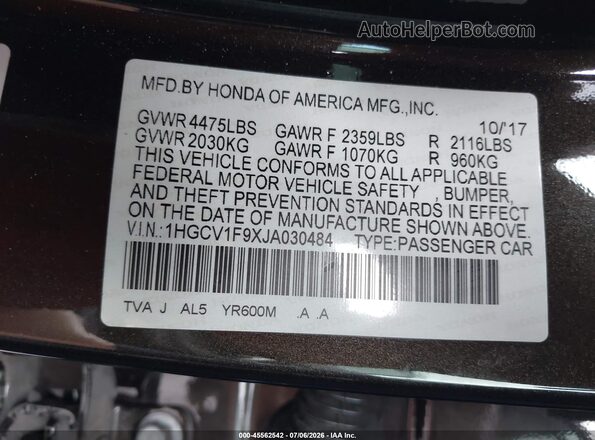 1HGCV1F9XJA030484 2018 HONDA ACCORD Gray Вид підкапотного простору