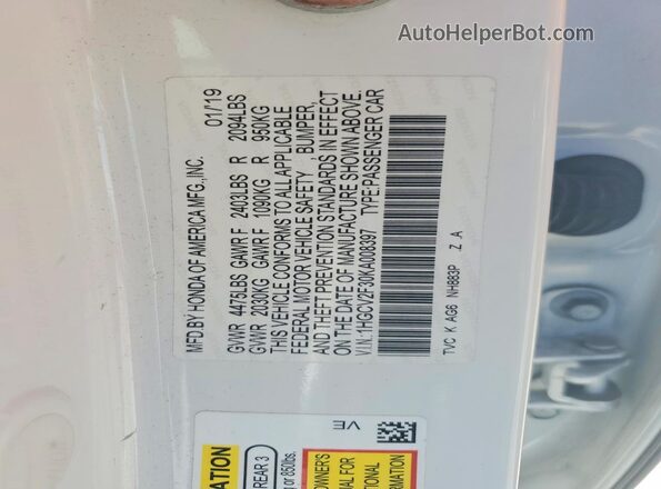 1HGCV2F30KA008397 2019 HONDA ACCORD White Vista del compartimento del motor