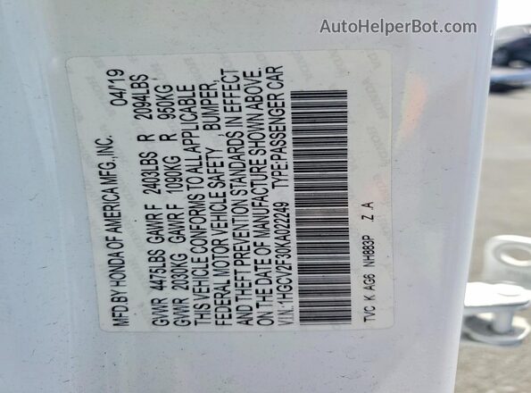 1HGCV2F30KA022249 2019 HONDA ACCORD White Engine compartment view