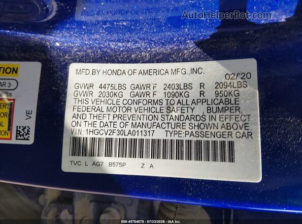 1HGCV2F30LA011317 2020 HONDA ACCORD Blue Vista del compartimento del motor