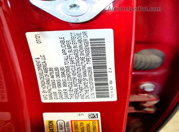 1HGCV2F30MA025638 2021 HONDA ACCORD Red Widok naklejki z numerem VIN