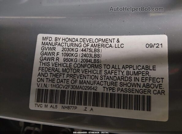 1HGCV2F30MA029642 2021 HONDA ACCORD Gray ძრავის განყოფილების ხედი