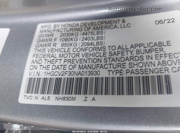 1HGCV2F30NA013930 2022 HONDA ACCORD Silver Вид підкапотного простору