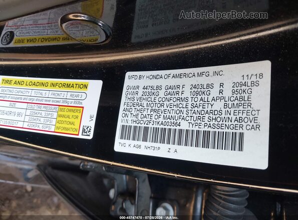 1HGCV2F31KA003564 2019 HONDA ACCORD Black Engine compartment view