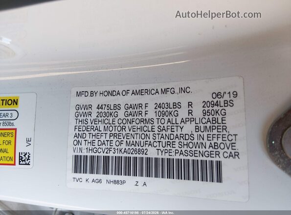 1HGCV2F31KA026892 2019 HONDA ACCORD White Vista del compartimento del motor