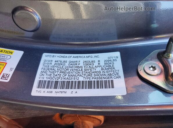1HGCV2F31KA031512 2019 HONDA ACCORD Charcoal Вид наклейки з VIN-кодом