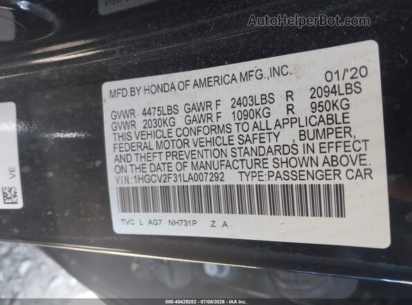 1HGCV2F31LA007292 2020 HONDA ACCORD Black Widok komory silnika