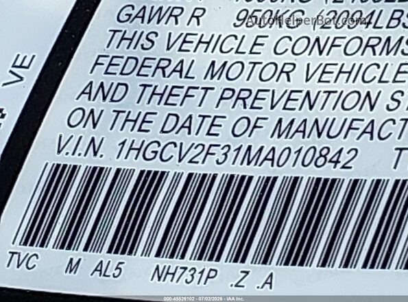 1HGCV2F31MA010842 2021 HONDA ACCORD Black Widok komory silnika
