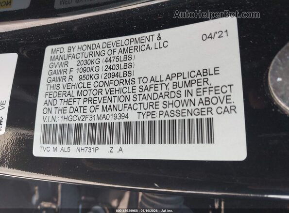 1HGCV2F31MA019394 2021 HONDA ACCORD Black Vista del compartimento del motor
