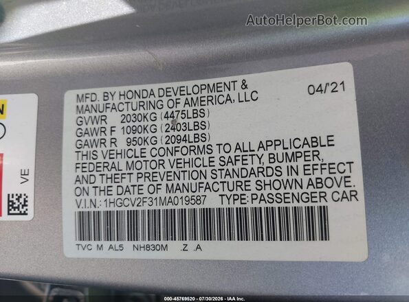 1HGCV2F31MA019587 2021 HONDA ACCORD Silver Engine compartment view