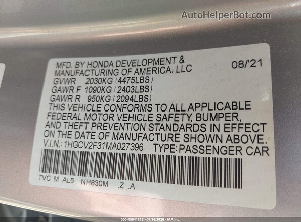 1HGCV2F31MA027396 2021 HONDA ACCORD Silver ძრავის განყოფილების ხედი