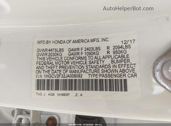 1HGCV2F32JA008092 2018 HONDA ACCORD White Շարժիչի բաժամունքի տեսք