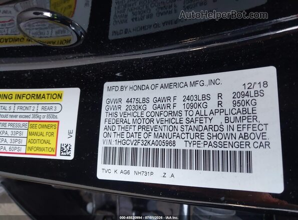 1HGCV2F32KA005968 2019 HONDA ACCORD Black Вид підкапотного простору