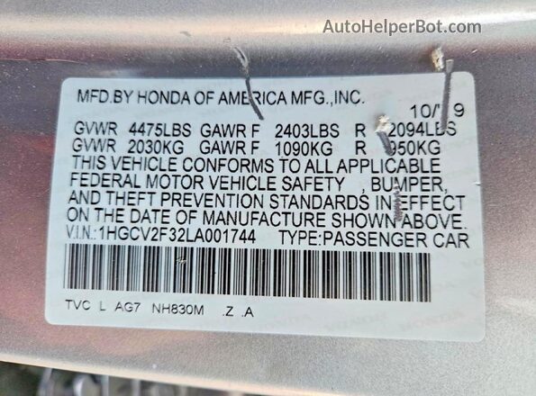 1HGCV2F32LA001744 2020 HONDA ACCORD Silver Vista del compartimento del motor