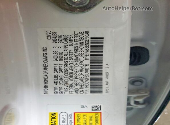 1HGCV2F33LA013739 2020 HONDA ACCORD White VIN sticker view