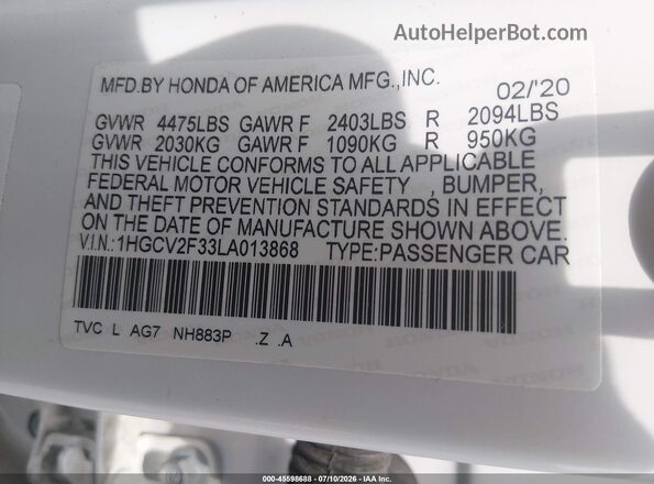 1HGCV2F33LA013868 2020 HONDA ACCORD White Widok komory silnika