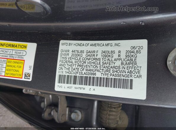 1HGCV2F33LA020996 2020 HONDA ACCORD Серый Вид подкапотного пространства