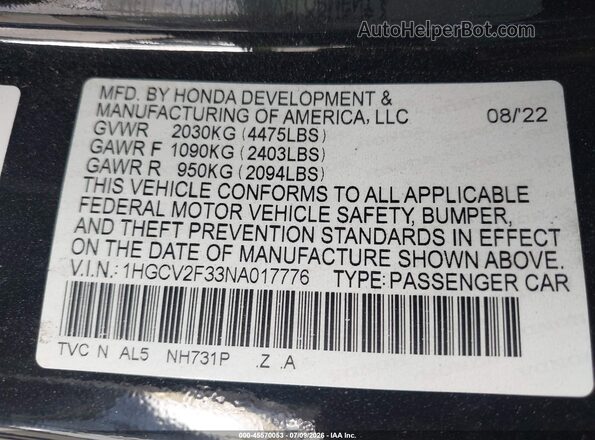 1HGCV2F33NA017776 2022 HONDA ACCORD Черный Вид подкапотного пространства