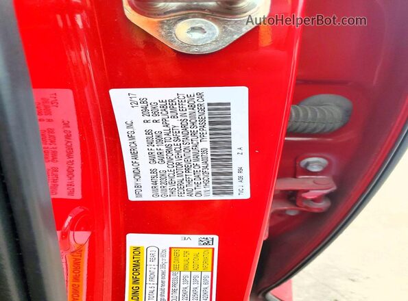 1HGCV2F34JA007350 2018 HONDA ACCORD Red VIN կոդի պիտակի տեսք